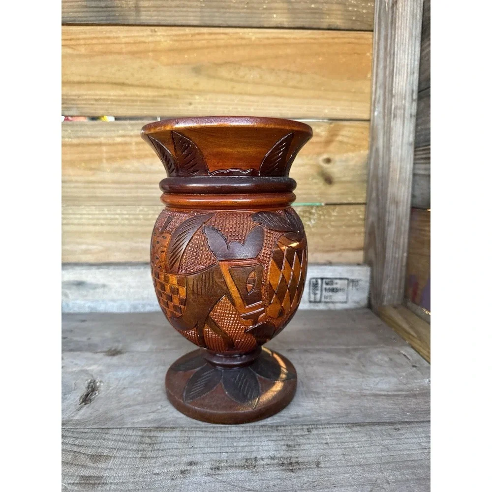 Vintage Hand Carved Wood  Bud Vase Folk Art Decor Flower Donkey‎ Palm Design